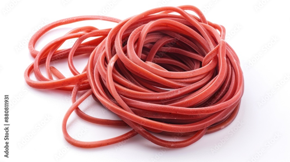 Poster A stack of vibrant red rubber bands on a clean white background, ideal for use in craft projects or as a decorative element