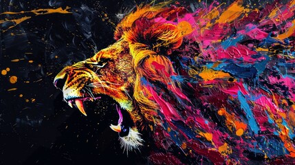 Abstract Roaring Lion in a Canvas of Colors