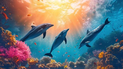 Obraz premium A pod of dolphins frolicking above a colorful coral reef, their silhouettes visible against the sunlit waters