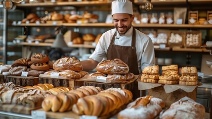 A diverse selection of freshly baked bread and pastries on display at a bakery shop.