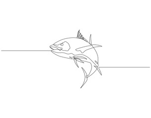 Continuous one line drawing of tuna. One line drawing illustration of tuna fish. Marine animal concept continuous line art. Editable outline.