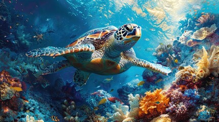 Obraz premium A sea turtle nesting among the coral formations, surrounded by a cloud of colorful reef fish