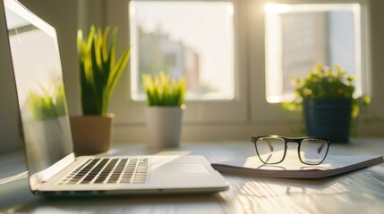 Fototapeta premium Chic home office setup with laptop spectacles notepad and potted plant