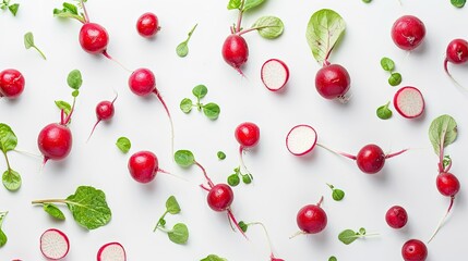 Top view of fresh whole and half small garden radishes on white background
