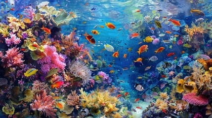 A vibrant coral reef bustling with activity, from small invertebrates to larger pelagic fish