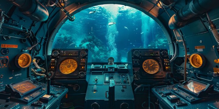 futuristic submarine wheelhouse with beautiful deep sea views