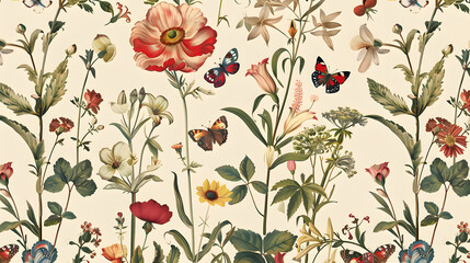 Background with a seamless pattern of vintage botanical illustrations featuring flowers and leaves in muted colors.
