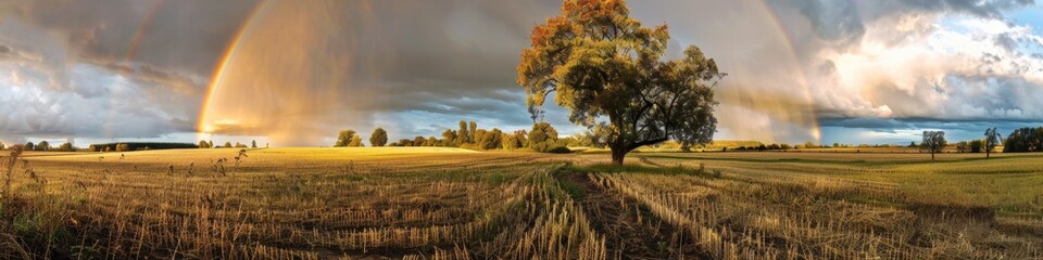 Fototapeta premium Post-Rain Rainbow Over Farmland: Showcasing the Vast and Magnificent Fields with Stunning Contrast and Visual Impact, Industrial Agriculture Theme, AI-Generated High-Resolution Wallpaper