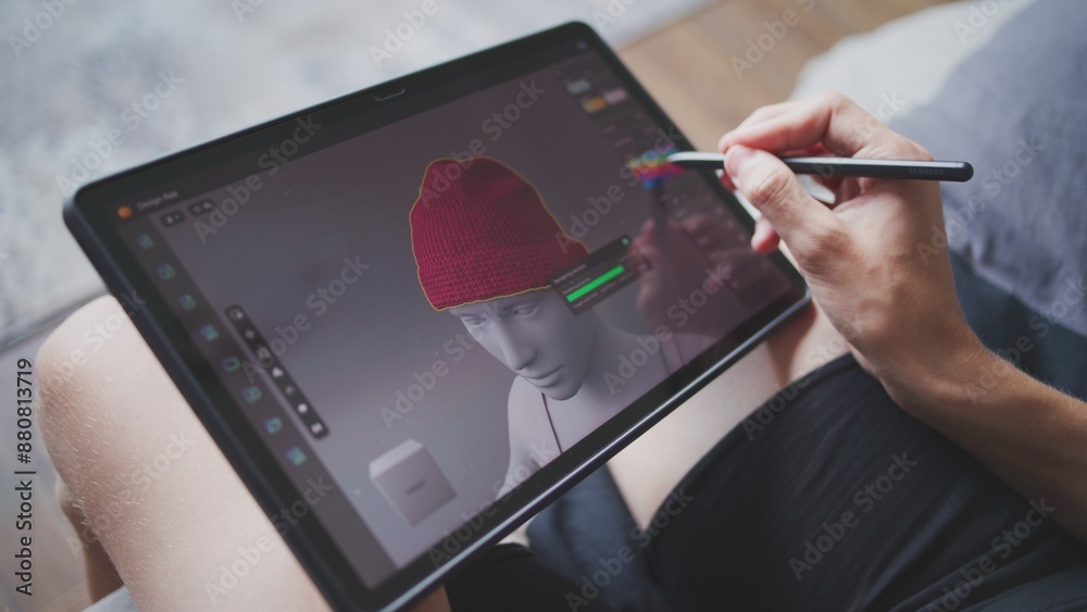 Poster boy with digital stylus and tablet in hands sits at home, creates 3d models. focused teenager draws 