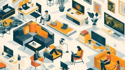 Fototapeta premium Group in living room with tv and couch