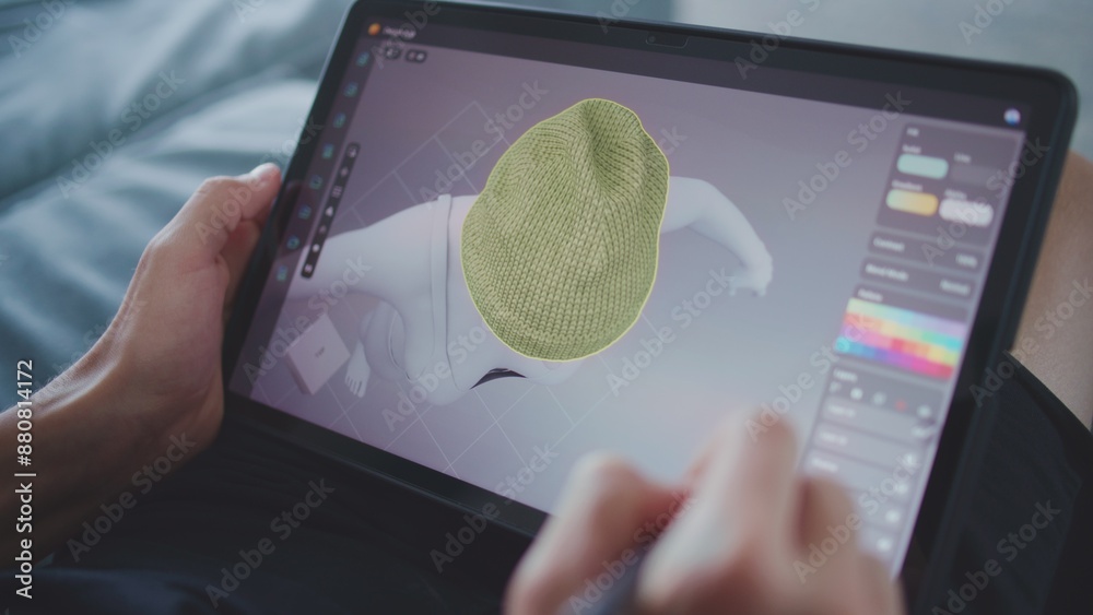 Poster focused teenager with digital pencil and tablet in hands sits in room, draws 3d model. boy creates n