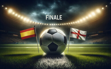 Länderflaggen von Spanien und England mit einem Fußball in der Mitte, Finale, Fußball EM 2024, Europameisterschaft Endspiel
