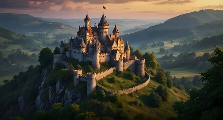 Fototapeta premium Old fairytale castle on the hill. Fantasy landscape illustration.