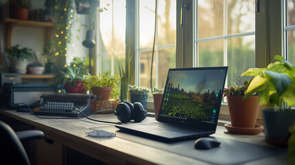 Laptop on desk by window