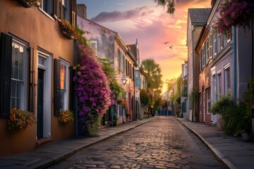 Fototapeta premium A street with a brick sidewalk and a row of houses. The houses are painted in different colors and have flowers in front of them