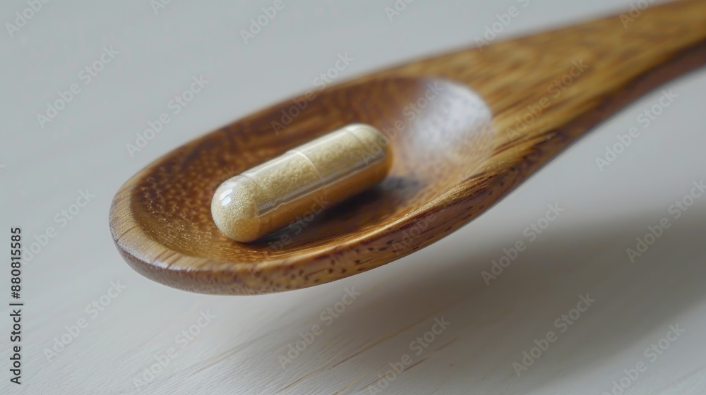 Canvas Prints Wooden spoon holding medicine capsule up close