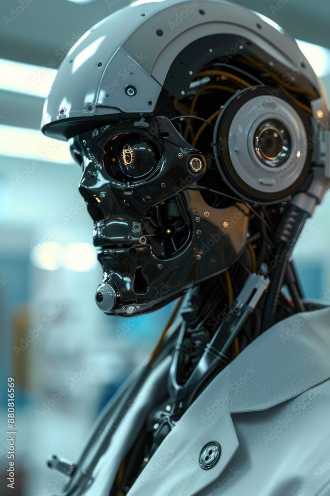 Poster A close-up view of a robot's head and face with robotic features