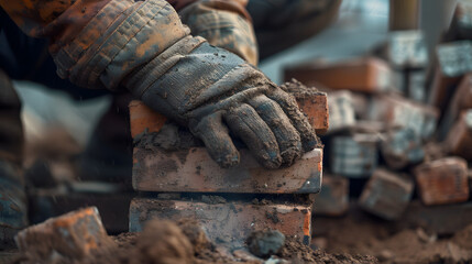 A man is wearing gloves and is laying bricks on top of each other