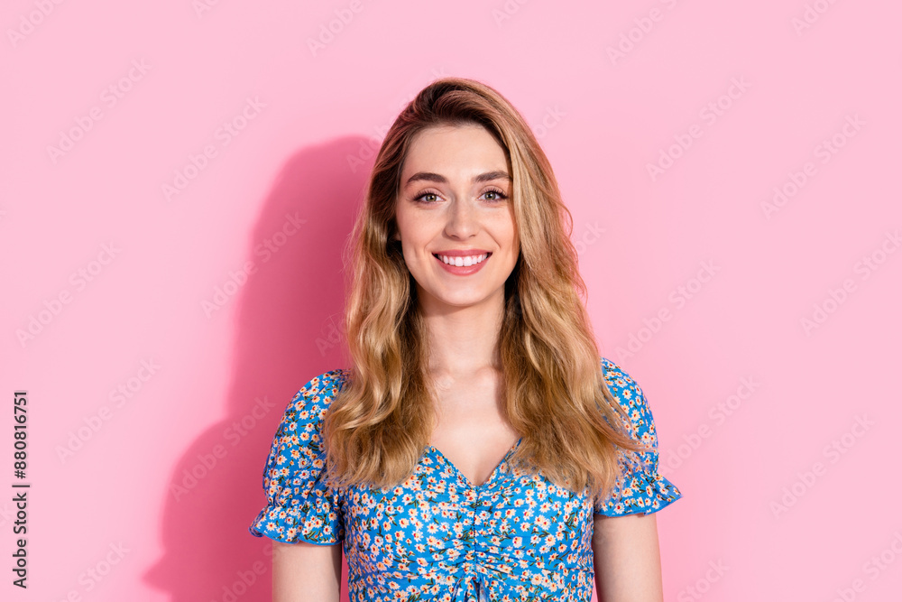 Sticker photo portrait of pretty young girl toothy smile wear trendy blue flower print outfit isolated on pi