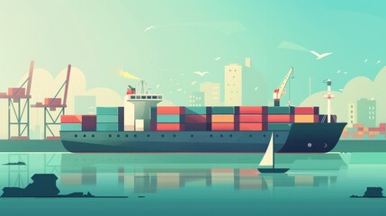 Obraz premium Modern Flat Design of a Cargo Ship with Containers Sailing in a Bustling Port
