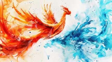 Phoenix Rising from the Ashes with Blue Abstract Background