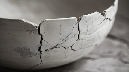 A white bowl with cracks and a broken rim
