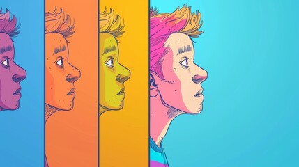 Whimsical Comic Strip: Playful Side View Cartoon Characters in Flat Design with Colored Pastel Tones.