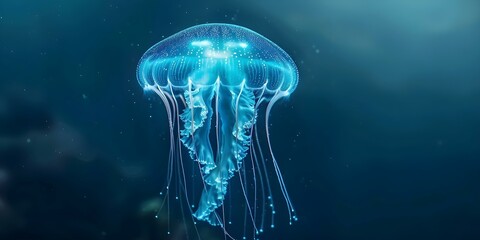 Graceful Drift Bioluminescent Jellyfish Illuminate Dark Ocean Depths. Concept Ocean Exploration, Bioluminescence, Marine Life, Deep Sea, Jellyfish