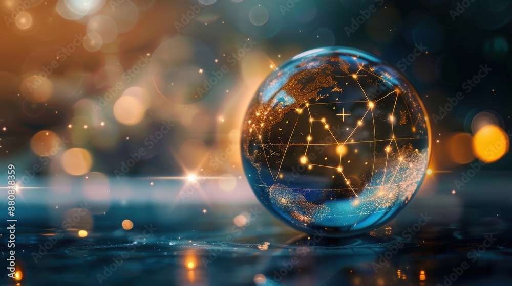Poster a globe with a network of lines and stars on it. the globe is surrounded by a blurry background with