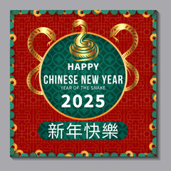 Happy Chinese new year 2025 the snake zodiac sign with flower, lantern, pattern, cloud asian elements red,gold paper cut style on color background.