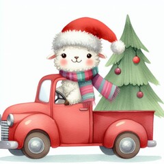 A cute sheep in a Santa hat drives a red truck with a Christmas tree in the bed.