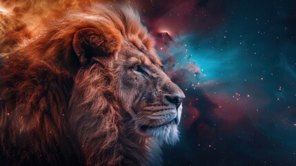 Naklejka premium A lion is staring at the camera with a blue and red background. The lion is the main focus of the image, and the background is a mix of blue and red colors. The image has a dreamy