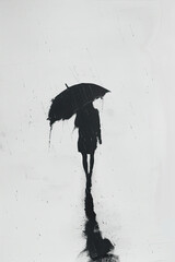 A black and white sketch of a person walking in the rain with an umbrella