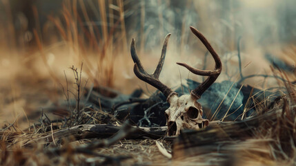Horns and skull of a deer on the ashes in the forest. The concept of poaching
