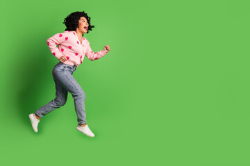 Full body photo of attractive young woman running hurry big sales dressed strawberry print clothes...