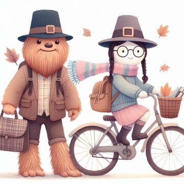 A furry creature and a girl with glasses in pilgrim hats ride a bike in autumn.