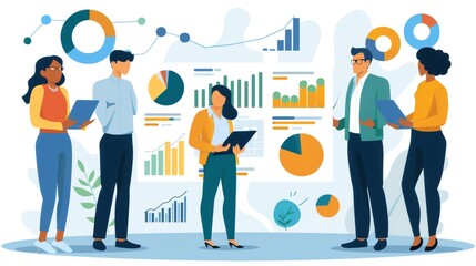 Business people analyzing data and statistics on a whiteboard.