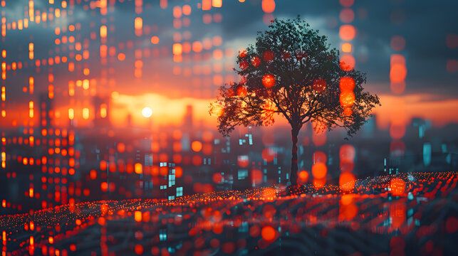 A tree stands against a vibrant sunset backdrop with digital data overlays, blending nature and technology in a striking contrast.