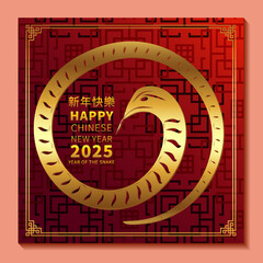Happy Chinese New Year 2025. Snake zodiac with lanterns, cloud on red background. China lunar calendar animal.