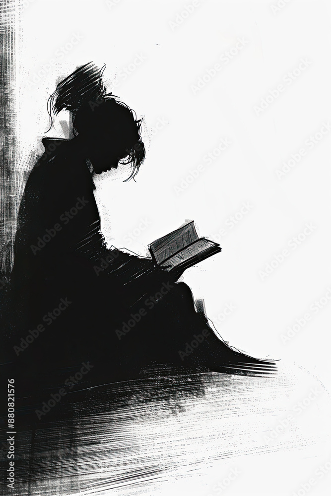 Wall mural A black and white sketch of a reader lost in a book