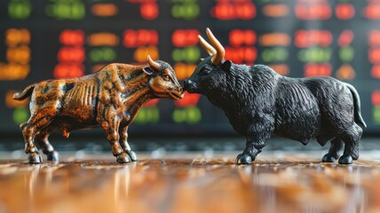 Stock market concept represented by bull and bear figures with red and green numbers in the background, symbolizing market trends.