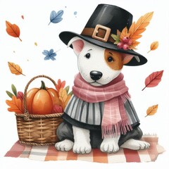 Naklejka premium Cute cartoon dog wearing pilgrim hat and scarf, holding pumpkin in a basket, autumn leaves falling around.