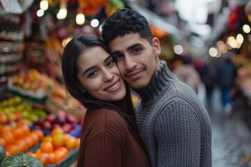 Fototapeta premium Portrait of a tender latino couple in their 20s wearing a classic turtleneck sweater in front of bustling urban market