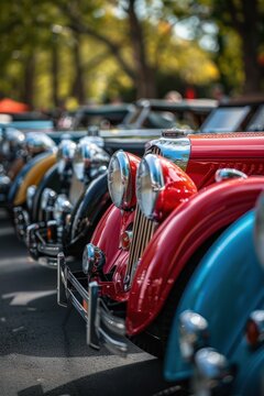 Fototapeta Classic Vintage Cars Lined Up at Outdoor Car Show on a Sunny Day with Trees in the Background