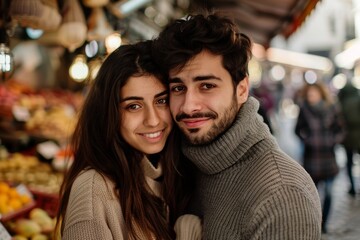 Fototapeta premium Portrait of a tender latino couple in their 20s wearing a classic turtleneck sweater on bustling urban market