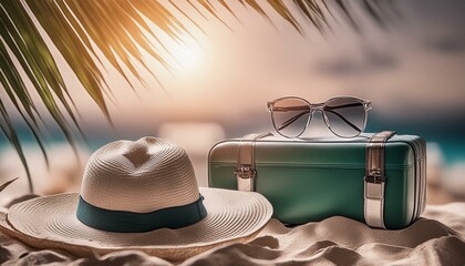 Fototapeta na wymiar Walizka, okulary przeciwsłoneczne i kapelusz leżące na piasku, na plaży pod palmami. Motyw wakacyjnej podróży, urlopu, odpoczynku