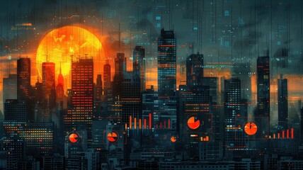 Fototapeta premium Futuristic cityscape at dusk with digital financial graphs overlaying skyscrapers, capturing the essence of modern technology and urban life.