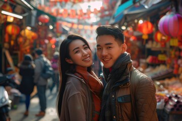 Portrait of a blissful asian couple in their 20s showing off a lightweight base layer while standing against bustling urban market