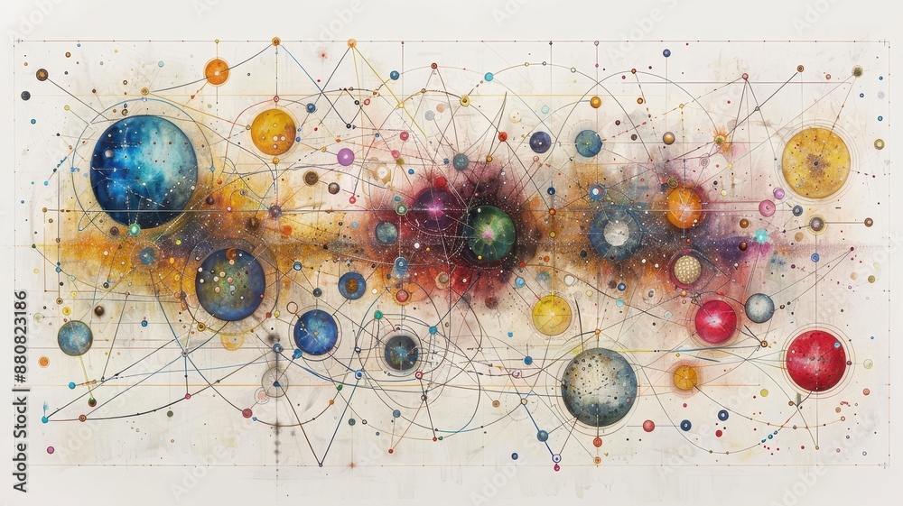 Wall mural colorful abstract representation of the universe with interconnected planets and stars, creating a c