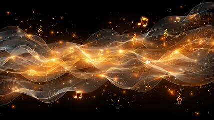 Obraz premium Vibrant musical notes and glowing waves on a dark background, creating an artistic and dynamic musical illustration.